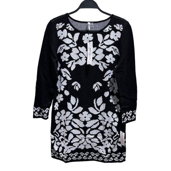 NY Collection Dresses & Skirts - NY Collection Sweater Dress Medium Black White Floral Knit Pullover Shift NWT